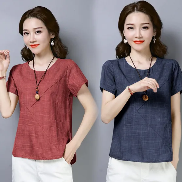 아이엠몽 여성 빅사이즈 린넨 코튼 가성비갑 고급스러운 반팔 블라우스(BB223066YH) 블라우스