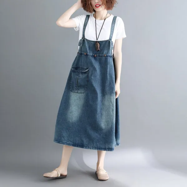여성 크롭진 워싱 데님 멜빵 원피스