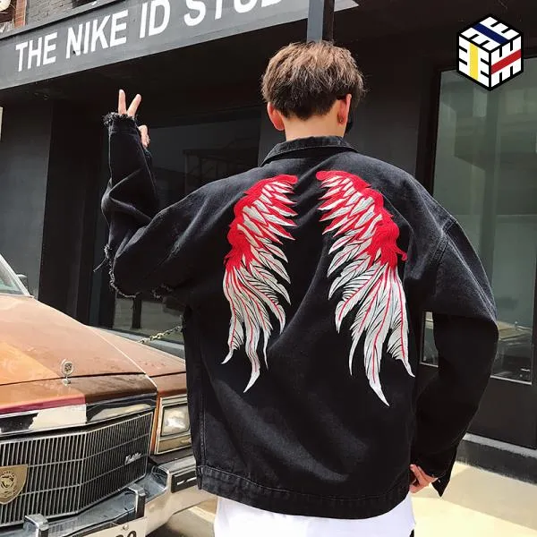 남자 봄 청자켓 동색 데님 자 켓 2019 품 봄과가을 에디션 백 윈드, 블랙 레드 윙