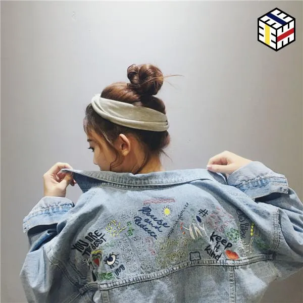 여자 봄 청자켓 봄과가을 요시쿠 니 품 백 자 수 긴팔 켓 루즈핏 Bf