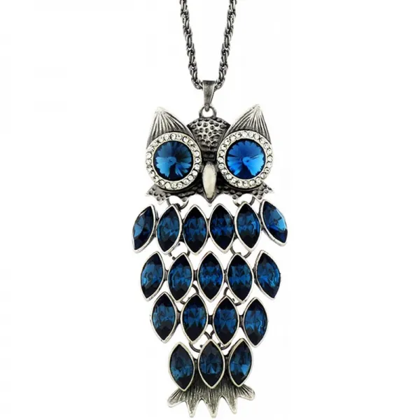 탄생석 블루 크리스탈 빈티지 올빼미 펜던트 긴 체인 목걸이 여성을위한 진술서 쥬얼리 35.4 "스와 로브