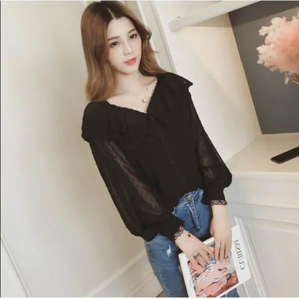 [유니쿰] 여성 브이넥 블라우스 레이스 쉬폰 셔츠 봄 여름 AR34 587297935937_sTDq