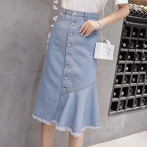 여성 청치마 데님 치마 프릴 치마AAQ003 여자 청치마 디스트로이드