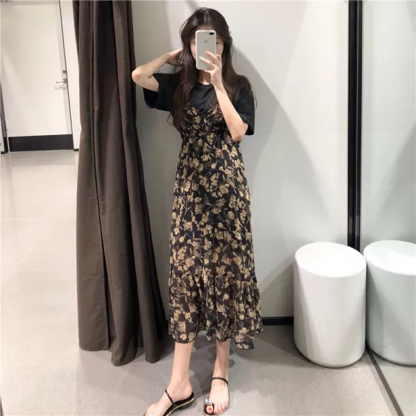 브이넥 롱 쉬폰 원피스 [추 Chu] 복고풍 꽃 V - 목 시폰