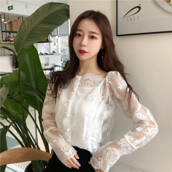 여름 시스루 블라우스 거울에 섹시 슈퍼 요정 기질 중공 원근감의