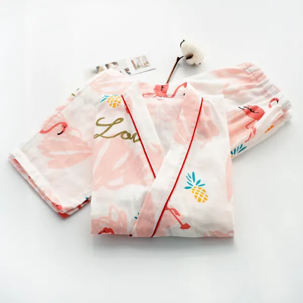 여름 유카타 잠옷 세트 일본식 기모노 잠옷 여성용 봄 여름 코튼