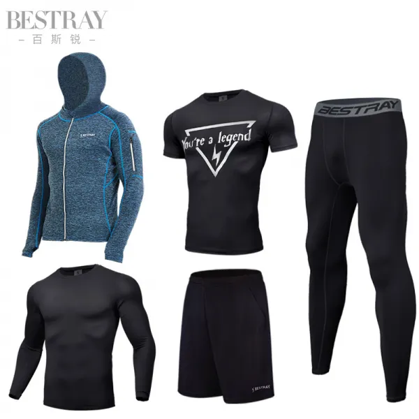 여름 트레이닝복 헬스복 세트 남성 구속력있는 운동 장비 운동 경 타입16 5 피스 슈트 블루 재킷 반팔