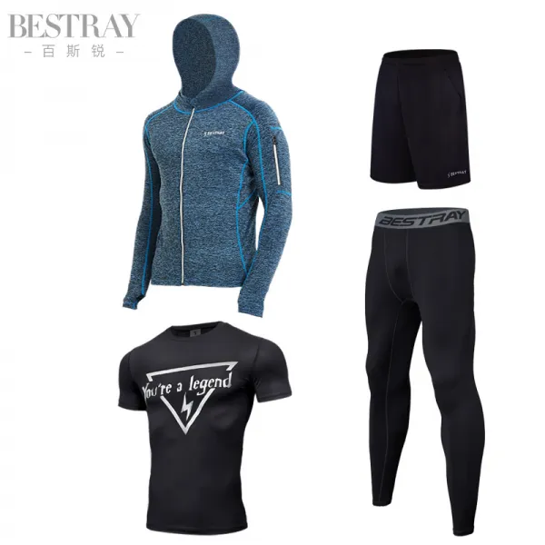 여름 트레이닝복 헬스복 세트 남성 구속력있는 운동 장비 운동 경, 타입8 [4 종 세트] 블루 재킷 - 반소매