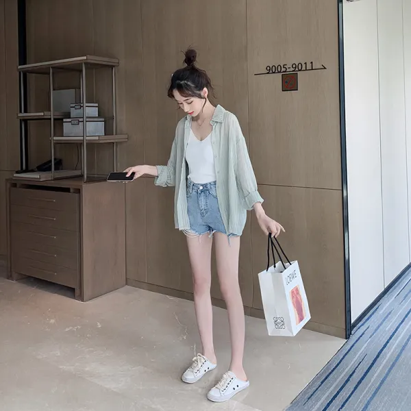 여름 시스루 셔츠 오간자 블라우스 계획 셔츠 디자인 슈퍼 요정