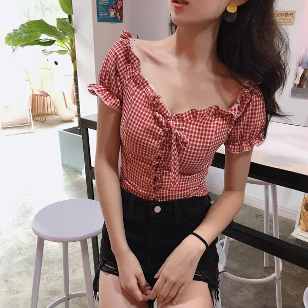 로즈드림 여름새로운복고풍스트랩목조방한용셔츠슬림짧은단락단어격자무늬셔츠셔츠여성의류