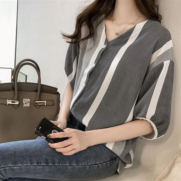 브이넥 쉬폰 블라우스 대형 여성의 쉬폰 짧은 소매 여성 여름 2