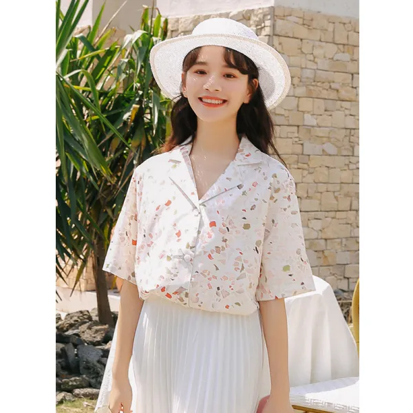 브이넥 쉬폰 블라우스 꽃이 피는 시시한 매우 귀여운 요정 이국의