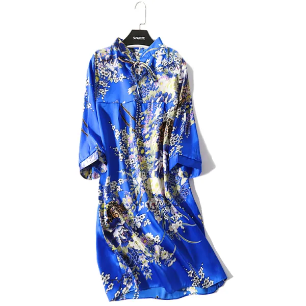 새틴 실크 원피스 작은 중장비 인쇄 새틴 실크 드레스 슬리브 대