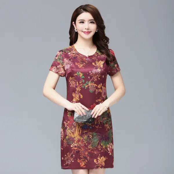 새틴 실크 원피스 중년 및 고령자 여름 짧은 소매 새틴 드레스