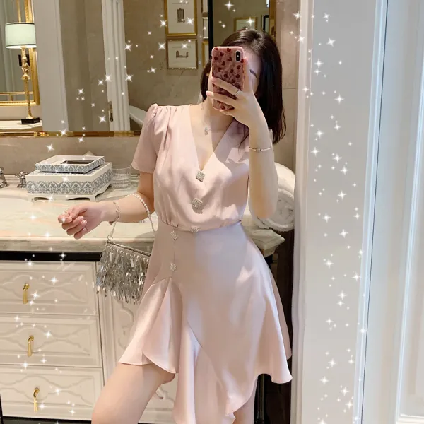 새틴 실크 원피스 작은 여자 치마 2019 여름 새로운 반팔 실