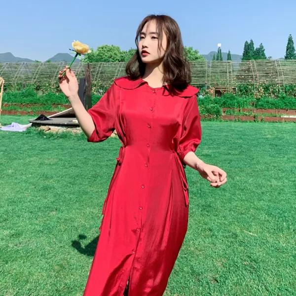 새틴 실크 원피스 리얼 실크 새틴 빨간 드레스 2019 여름 새