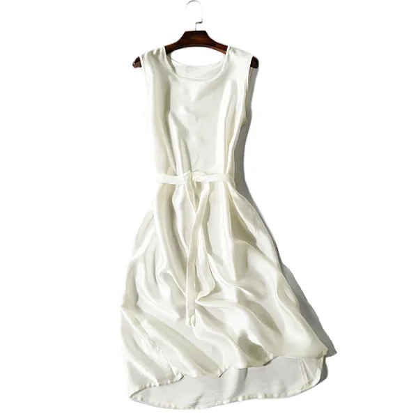 새틴 실크 원피스 흰색 야생 실크 조끼 치마 새틴 민소매 스트레