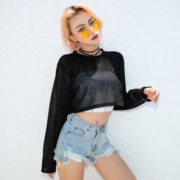 여름 긴팔티 크롭티 2019 봄 새 메쉬 원근감 느슨한 배꼽 셔