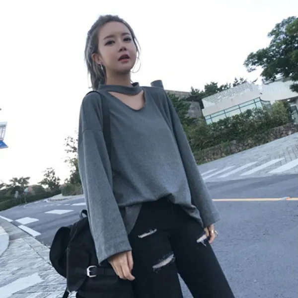 뒷트임 반전 티셔츠 조심성있는 기계 탑스 여성의 가을 섹시한 큰