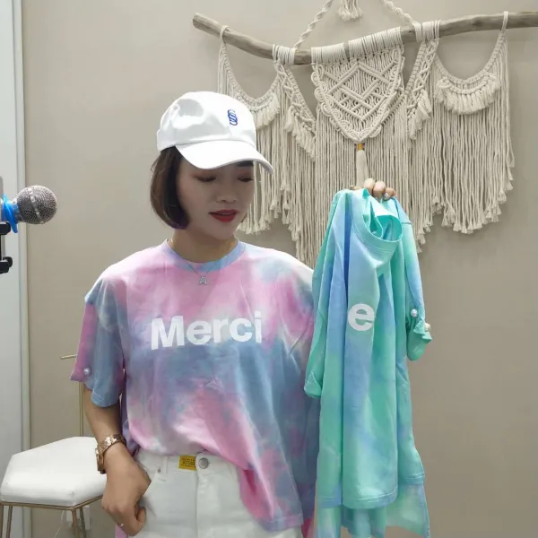 박시 물나염 티셔츠 [팬 독점] 커프 진주 스테인드 티셔츠 ST