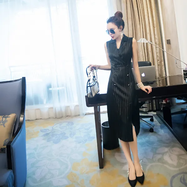 스트라이프 민소매 원피스 유럽 ​​역 사교계 2019 새로운 여