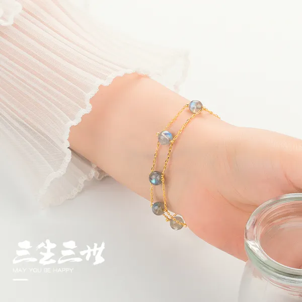 레이어드 두줄 팔찌 블루 문스톤 팔찌 여성의 얼음 크리스탈 팔찌