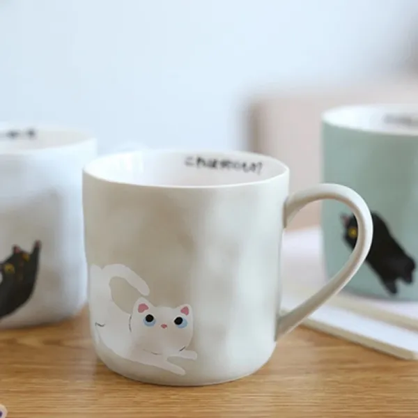 북유럽 머그컵 낯짝 레트로 만화 커피 컵 고양이 사무실 세라믹, 타입3 베이지 / 380 ml 유리 흡입 튜브