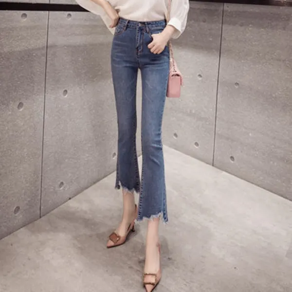 쥬베스 슬림핏 9부 나팔 데님바지